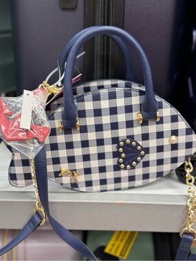 Betsey Johnson Navy and White Gingham Mini Top-Handle fish Bag